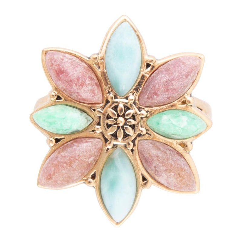 Pink Rhodonite Blue Amazonite and Green Varacite Petals Golden Statement Ring