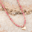 Pink Rhodonite and Golden Bronze Heart Pendant Necklace