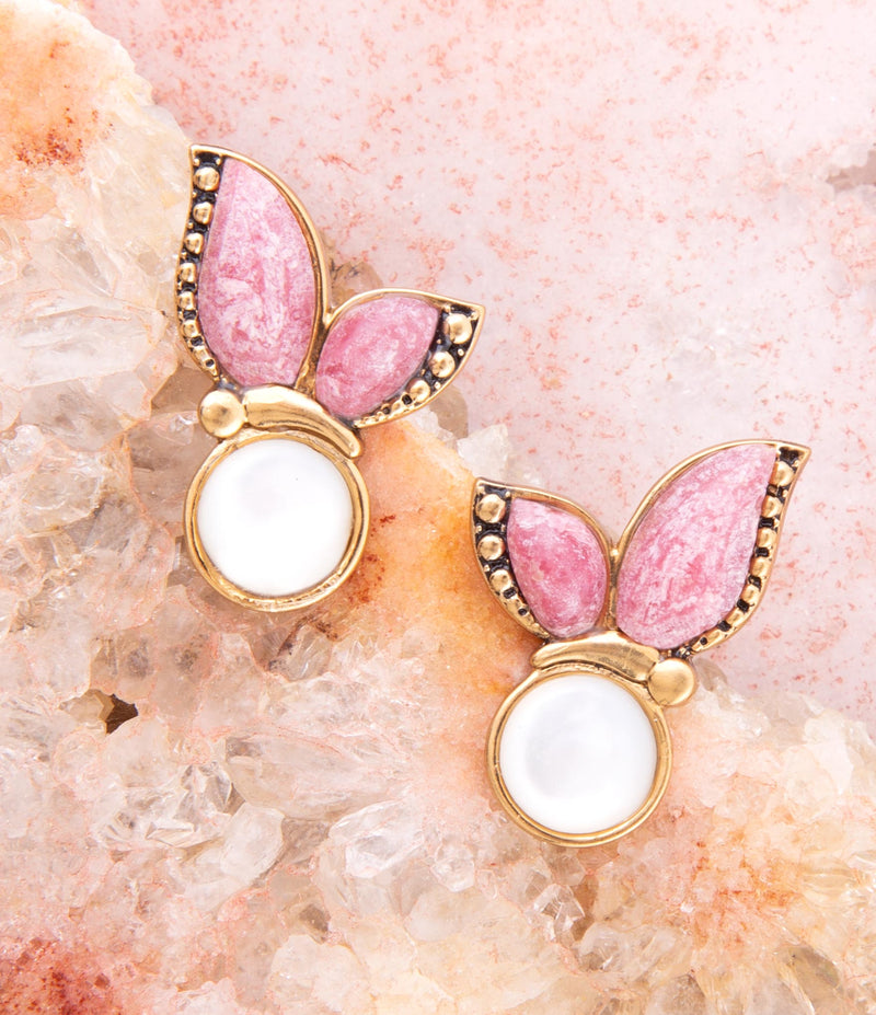 Pink Rhodonite and White Mother of Pearl Golden Butterflies Post Earrings