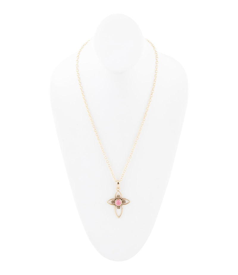 Pink Rhodonite Golden Cross Pendant Necklace