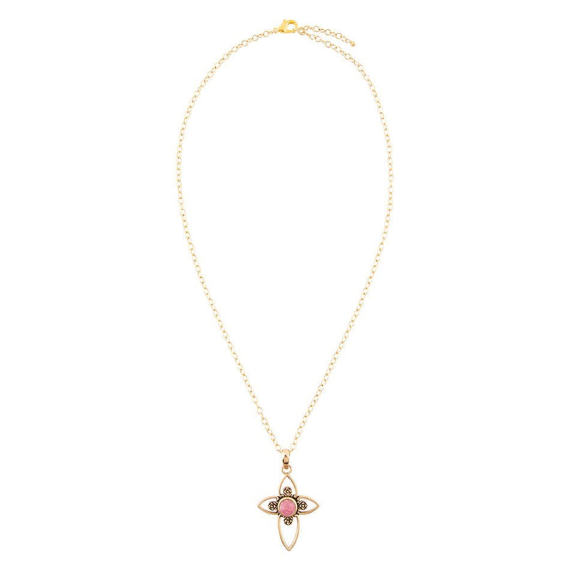 Pink Rhodonite Golden Cross Pendant Necklace