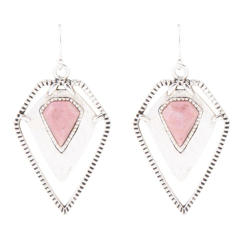 Pink Rhodonite Shield Sterling Silver Drop Earrings