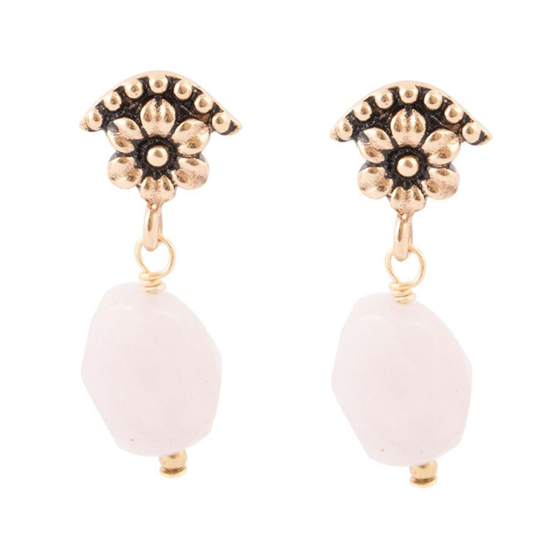 Pink Rose Quartz Golden Floral Drop Earrings