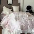GobekUsa Egyptian Cotton Flowers Bedding Set with Lace Ruffles, Queen/King, 1000TC