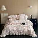 GobekUsa 1000TC Cotton Flowers Embroidery Lace Ruffles Bedding Set