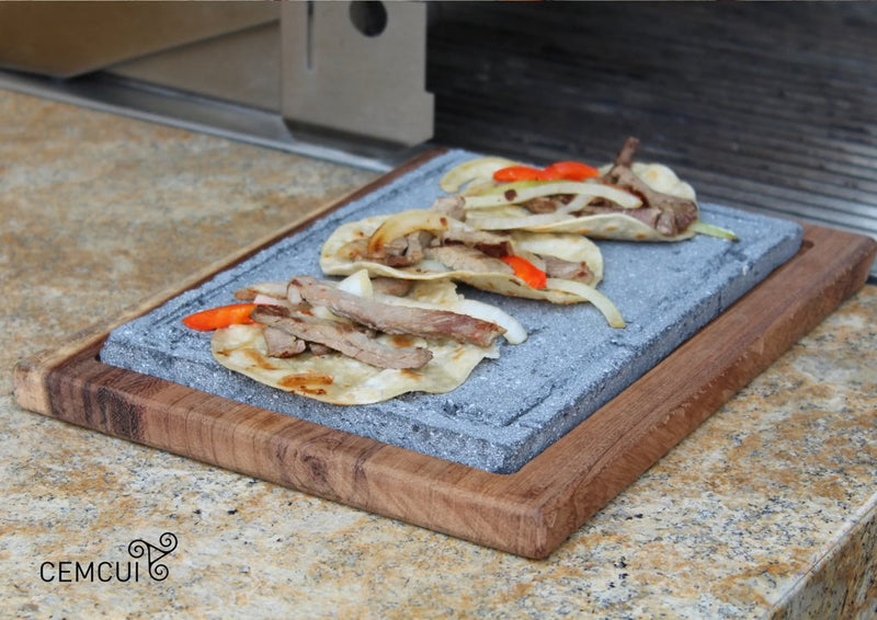 Plancha "Atizar" Volcanic Rock Serving Plate with Wooden Base 9 x 12 Inches