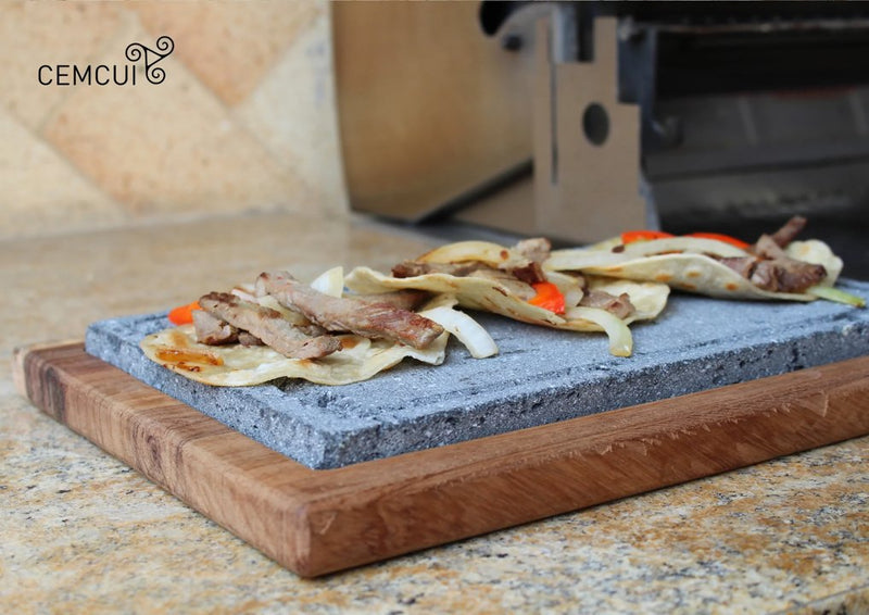 Plancha "Atizar" Volcanic Rock Serving Plate with Wooden Base 9 x 12 Inches