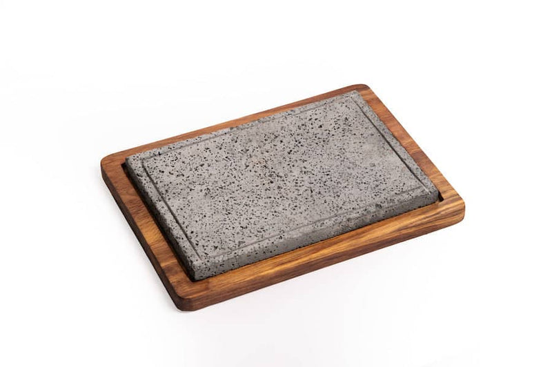 Plancha "Atizar" Volcanic Rock Serving Plate with Wooden Base 9 x 12 Inches