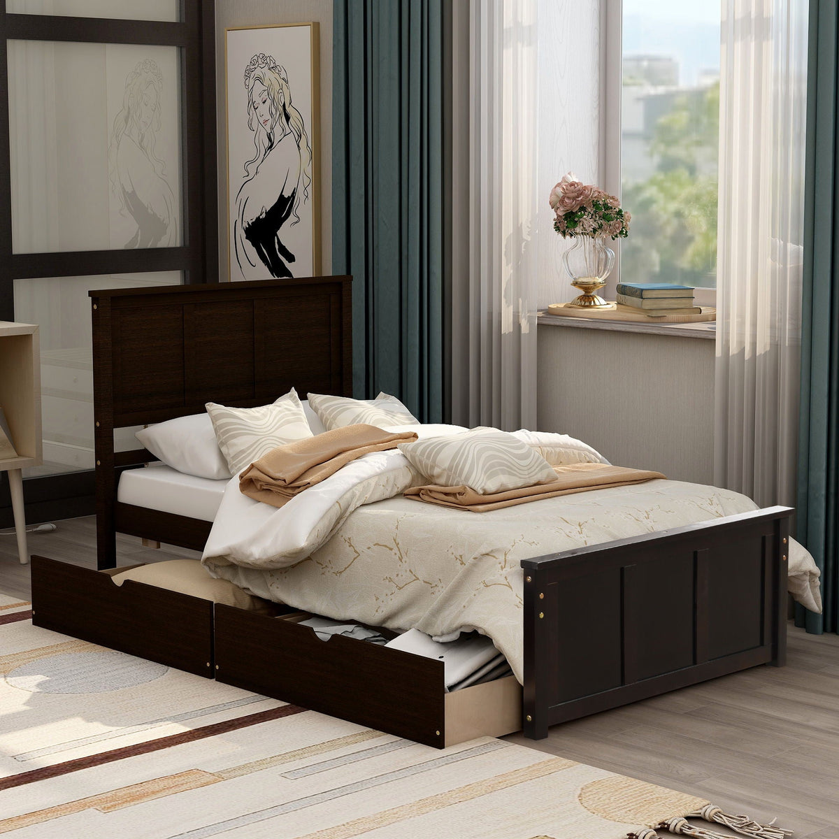 Platform Storage Bed With 2 Wheel Base Drawers, photo 8 of 8