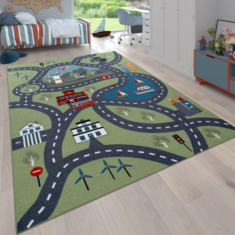 Play Rug for Kids Rooms, Streets and Houses in green