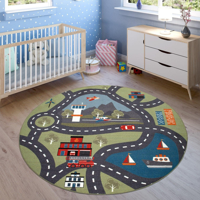 Play Rug for Kids Rooms, Streets and Houses in green