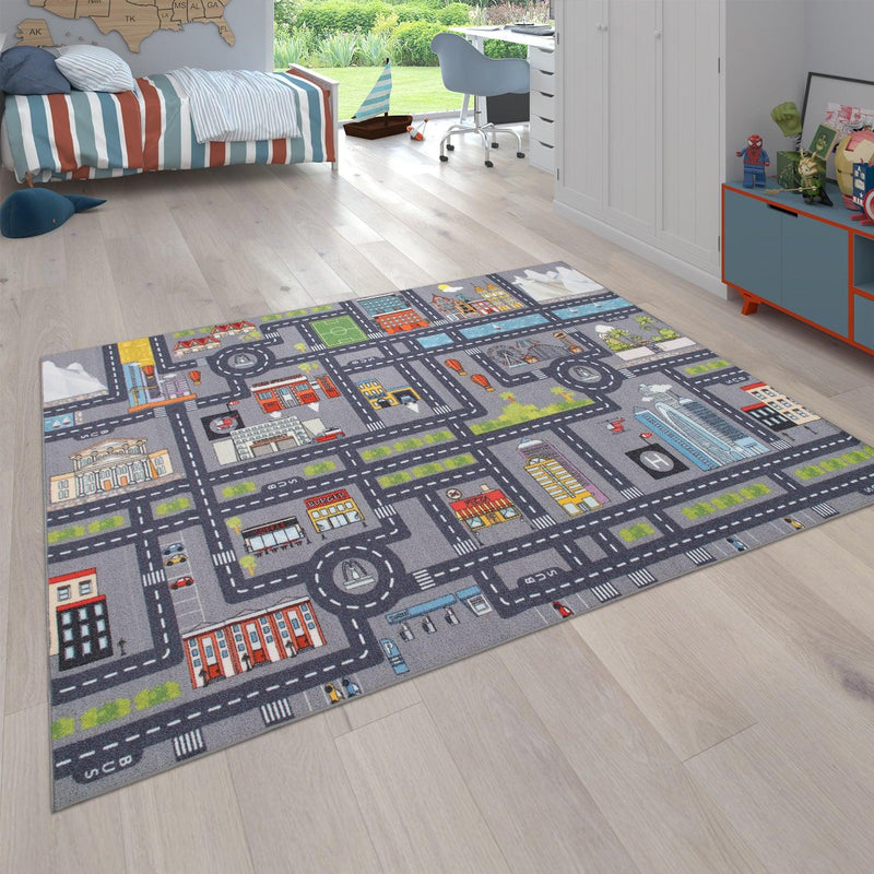 Play Rug for Nursery Cars Roads City Motife for Child's Room in Grey