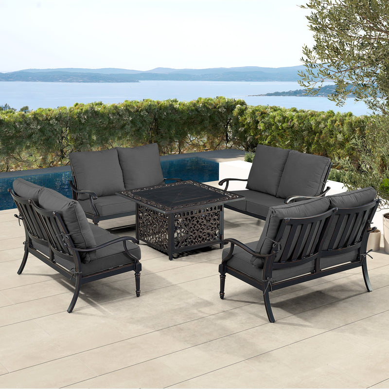 Black Aluminum Fire Table Set with Four Deep Seating Loveseats