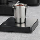 Polished chrome stainless steel espresso dosing cup kitchen tool by Decorbites