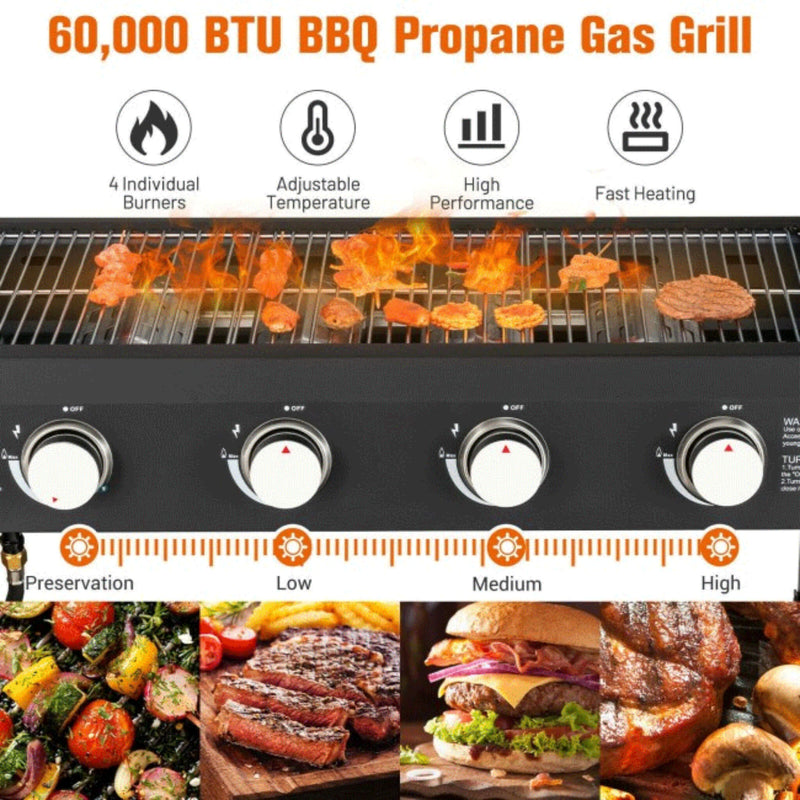 Portable Outdoor 4 Burner Propane Flat Top Gas Grill W/ Wheels, 60K BTU (SAK66104)