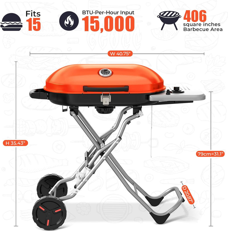 Portable  Propane Gas Grill, 15000BTUS, 348 SQ Inch  Cooking Areas, for Outdoor Camping/Tailgating/Picnic, Black