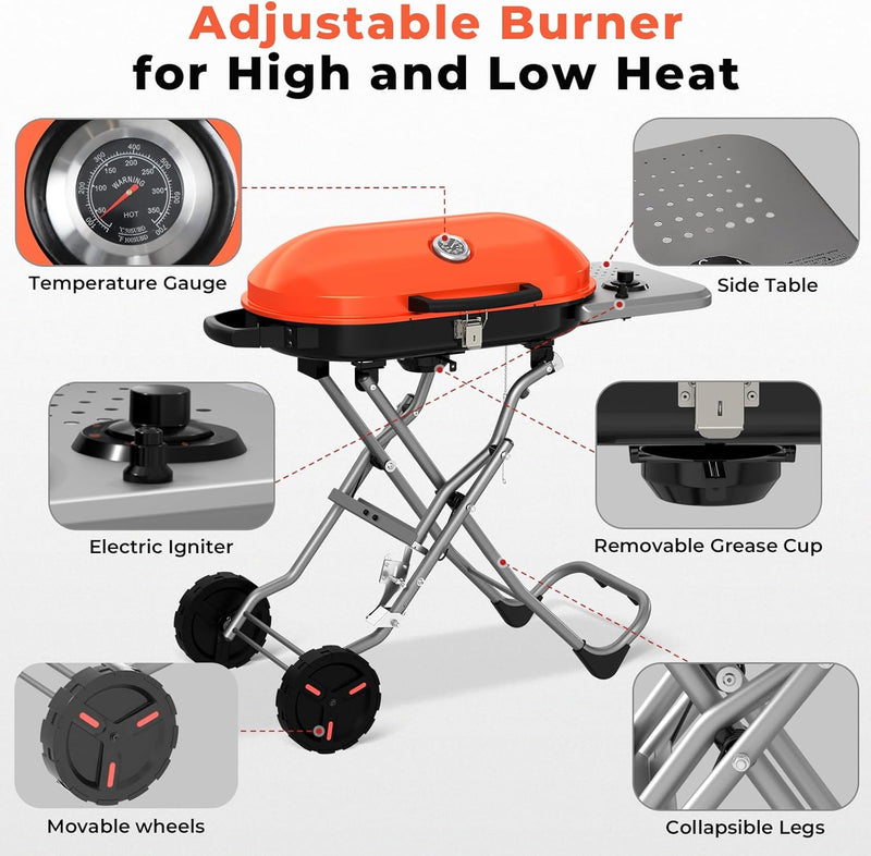 Portable  Propane Gas Grill, 15000BTUS, 348 SQ Inch  Cooking Areas, for Outdoor Camping/Tailgating/Picnic, Black