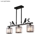 GobekUsa Postmodern Black/Gold Crystal Prism Pendant Lamp with Bird and Leaf Decoration - 3-Bulb Cylinder Hanging Island Light