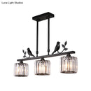 GobekUsa Postmodern Black/Gold Crystal Prism Pendant Lamp with Bird and Leaf Decoration - 3-Bulb Cylinder Hanging Island Light