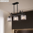 GobekUsa Postmodern Black/Gold Crystal Prism Pendant Lamp with Bird and Leaf Decoration - 3-Bulb Cylinder Hanging Island Light