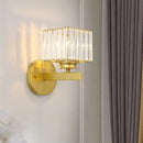 GobekUsa Postmodern Crystal Block Wall Sconce with Brass/Black Backplate for Bedroom