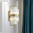 GobekUsa Postmodern Crystal Block Wall Sconce in Gold with 2 Cylinder Lights - Ideal for Corridors