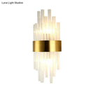 GobekUsa Postmodern Gold Wall Sconce with Fluted Crystal Shade - 2 Head Bedroom Mount Light
