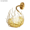 GobekUsa Globe Glass Wall Light Fixture with Gold Nest Design - Postmodern Sconce - 8.5"/10" Wide