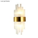GobekUsa Postmodern Gold Wall Sconce with Fluted Crystal Shade - 2 Head Bedroom Mount Light