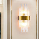 GobekUsa Postmodern Gold Wall Sconce with Fluted Crystal Shade - 2 Head Bedroom Mount Light