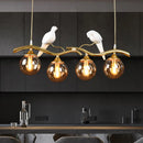 GobekUsa Postmodern Iron Pendant Light with 4-Lights, Black/Gold Finish, Amber Ball Glass Shade, Bird Deco - Sprig Island