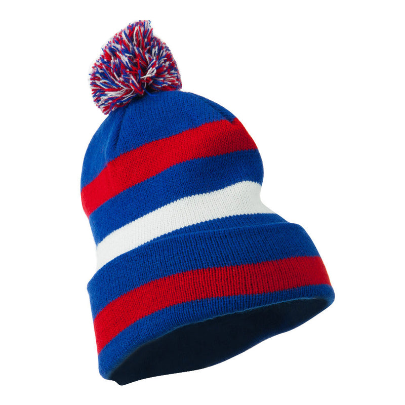 Pom Pom Cuff Stripe Long Beanie