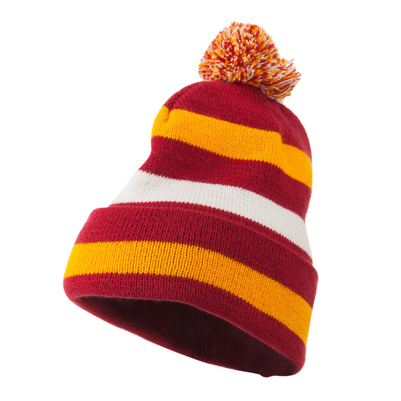 Pom Pom Cuff Stripe Long Beanie