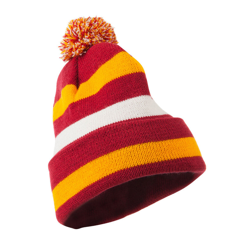 Pom Pom Cuff Stripe Long Beanie