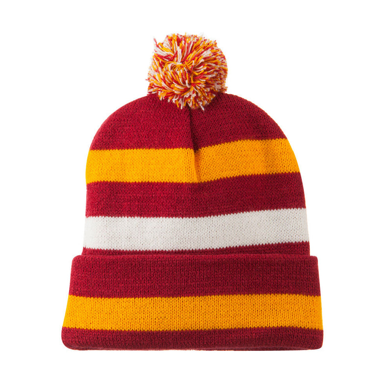 Pom Pom Cuff Stripe Long Beanie