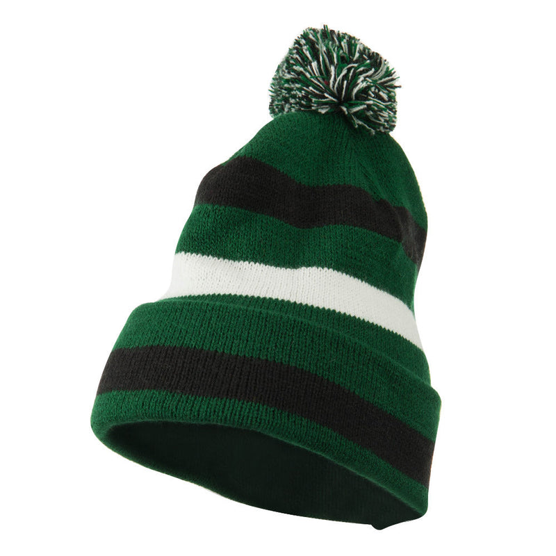 Pom Pom Cuff Stripe Long Beanie