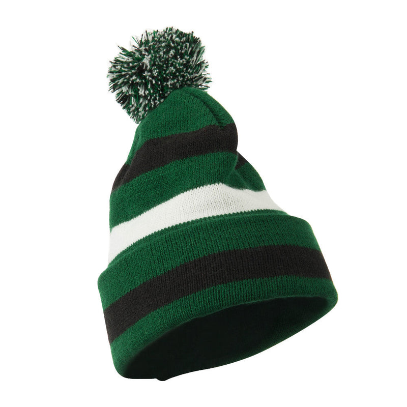Pom Pom Cuff Stripe Long Beanie