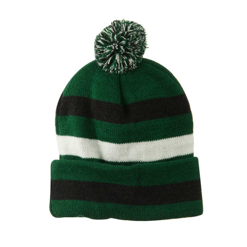 Pom Pom Cuff Stripe Long Beanie