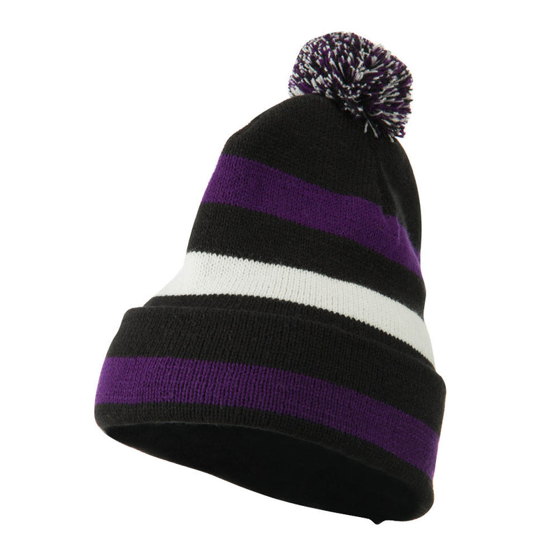 Pom Pom Cuff Stripe Long Beanie