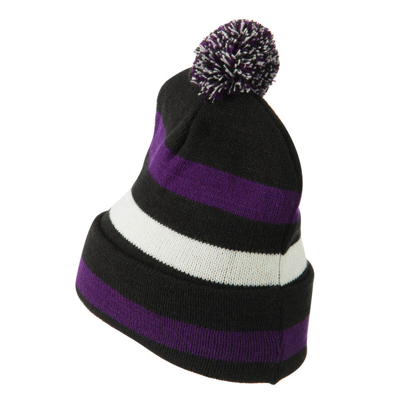 Pom Pom Cuff Stripe Long Beanie