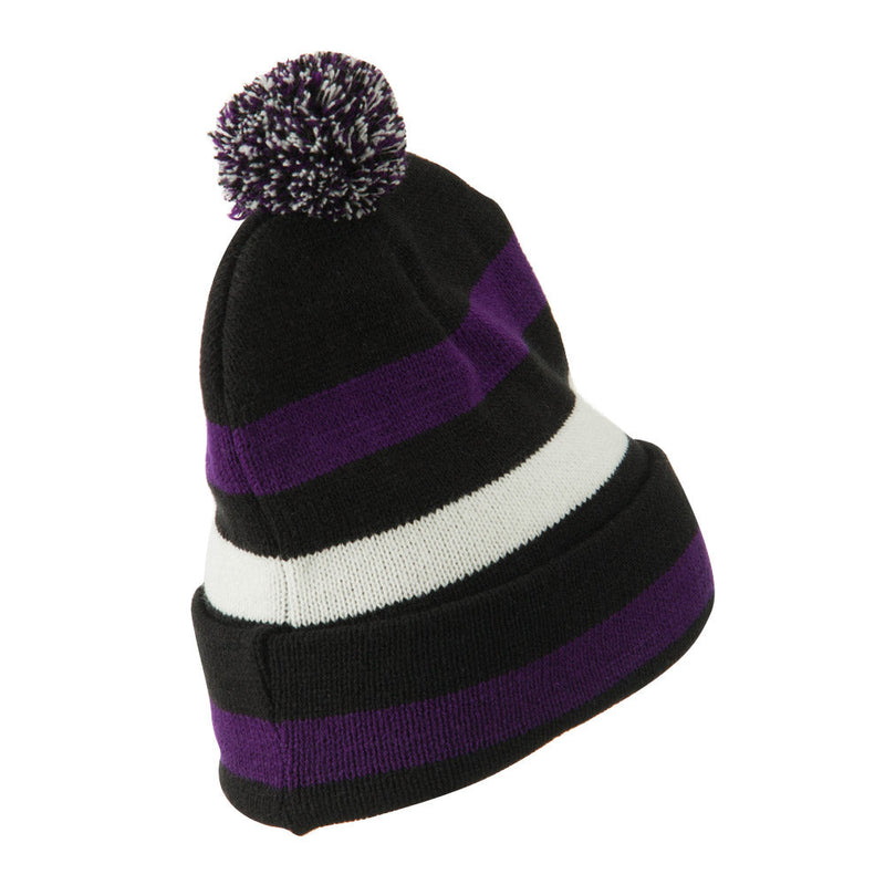 Pom Pom Cuff Stripe Long Beanie