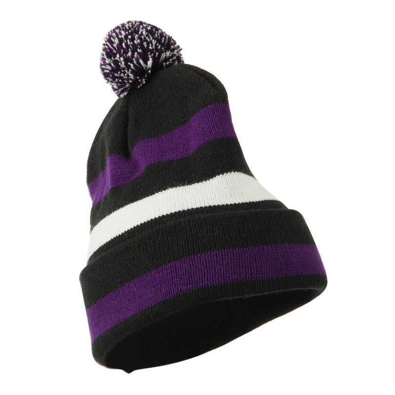 Pom Pom Cuff Stripe Long Beanie