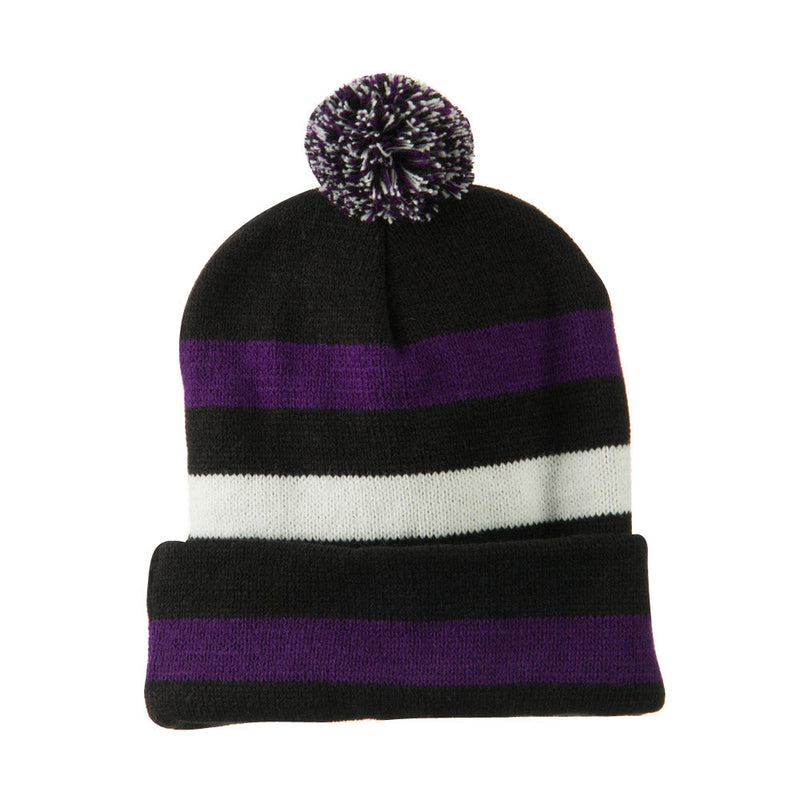 Pom Pom Cuff Stripe Long Beanie
