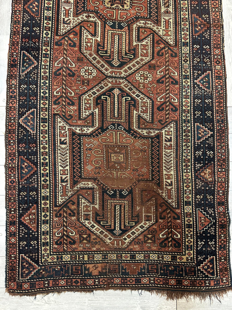 Pre-1900 Triple Shield Sewan Kazak Rug, 4’4”x11’7”