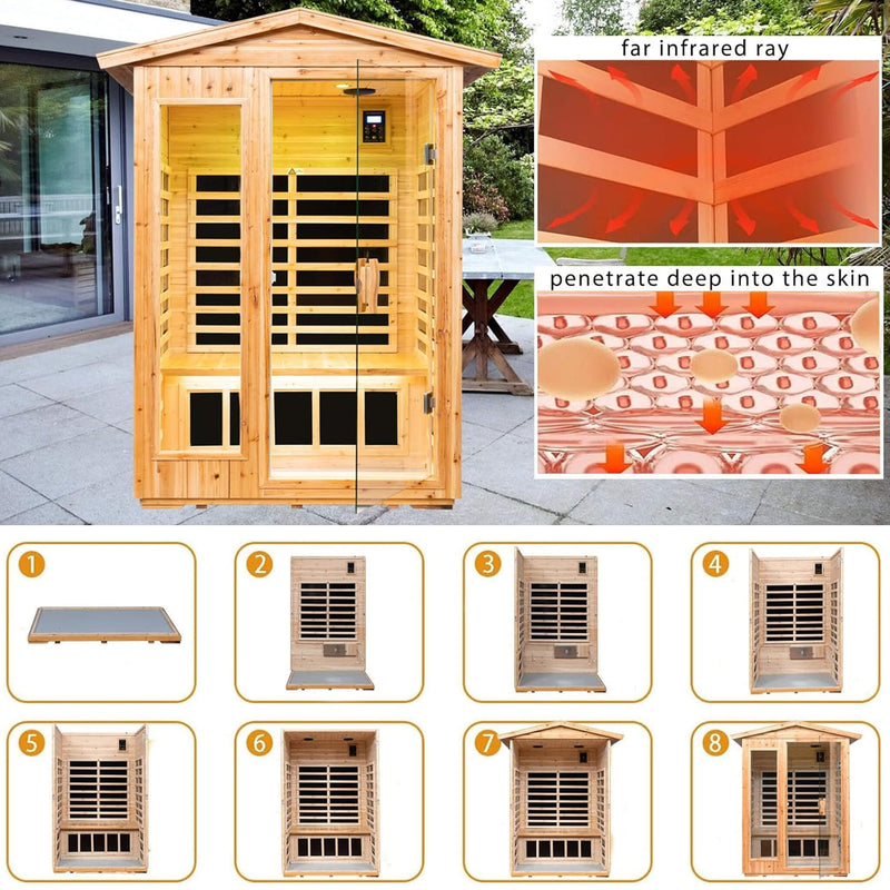 Premium 2-Person Indoor Outdoor Low EMF FAR-Infrared Hemlock Wood Personal Home Sauna Spa, 1750W (SAK27451)