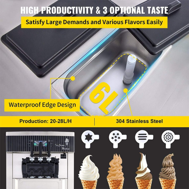 Premium 3-Flavors Commercial Soft Serve Yogurt Ice Cream Machine Maker, 20-28L/H (SAK97524)