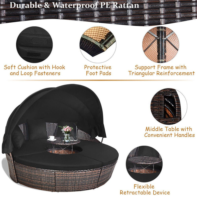 Premium Black Outdoor Patio Rattan Daybed Sofa W/ Adjustable Table Top, Canopy & 3 Pillows, 76'' (92534186)