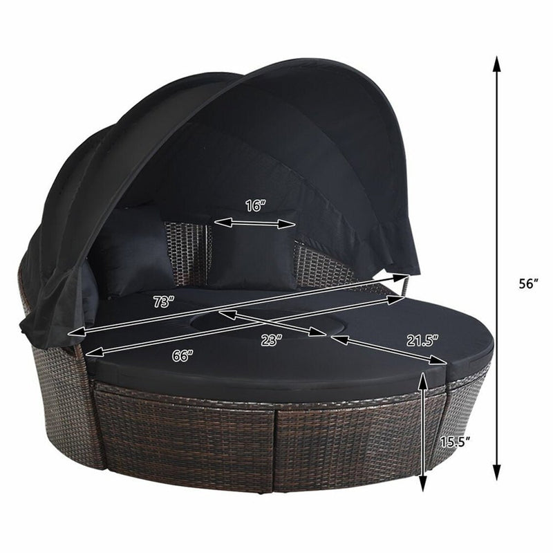 Premium Black Outdoor Patio Rattan Daybed Sofa W/ Adjustable Table Top, Canopy & 3 Pillows, 76'' (92534186)