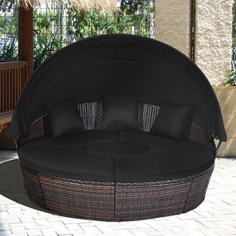 Premium Black Outdoor Patio Rattan Daybed Sofa W/ Adjustable Table Top, Canopy & 3 Pillows, 76'' (92534186)