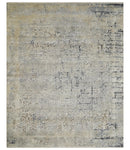 Premium Fine 8x10 Silver, Beige and Charcoal Traditional Floral High Low texture Hand Knotted Wool and Art Silk Rug